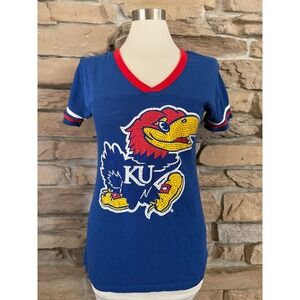 E5 College Classics Kansas Jayhawks Rhinestone V-Neck T-Shirt Blue Women Medium